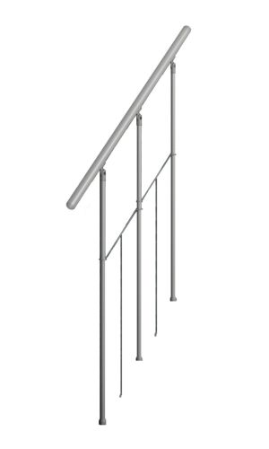 Gerades Außengeländer zur Treppe Sun Step aus verzinktem Stahl, geeignet für 3 Stufen. Das Geländer besteht aus einem runden, grauen Handlauf, senkrechten Stäben und zwei Spannseilen zur zusätzlichen Stabilisierung.