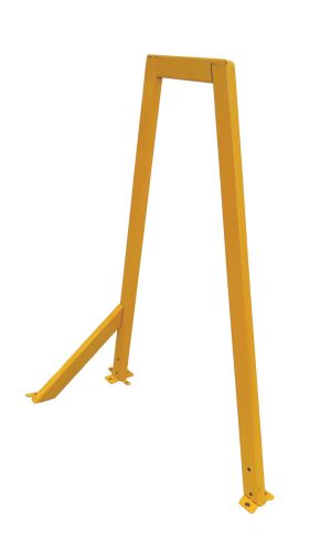 Gelber Ausstiegsbügel aus Metall zur Montage auf dem Boden, mit zwei senkrechten Stützen und einem waagerechten Verbindungsstück oben. Eine zusätzliche schräge Stütze sorgt für Stabilität.
