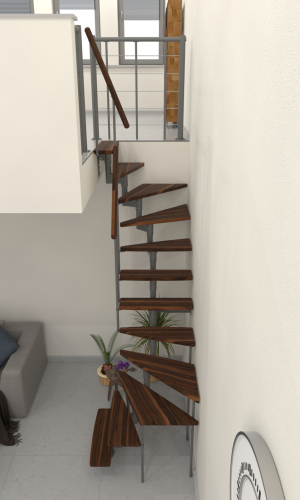 Mittelholmtreppe mit gewendelten Stufen in Walnussoptik, grauem Metallgeländer mit Untergurten und Holz-Handlauf. Die Treppe verläuft in einer 180-Grad-Wendung entlang einer Wand.
