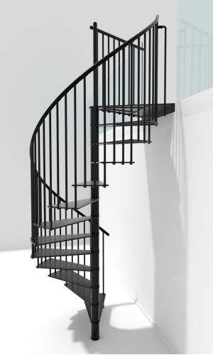 Spindeltreppe Portofino aus schwarzem Metall mit senkrechten Geländerstäben und einem Handlauf aus PVC, montiert in einem weißen, modernen Innenraum. Die Treppe führt elegant in einer Spirale nach oben.