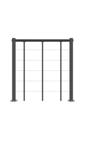 Brüstungsgeländer zur Außentreppe Spino Zink Color in Anthrazit aus Metall. Das gerade Geländer besteht aus zwei runden Außenpfosten, drei vertikalen Füllstäben, fünf horizontalen Edelstahlgurten und einem Handlauf aus PVC.