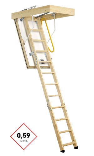 Dachbodentreppe Polar Extrem mit wärmegedämmter weißer Deckelklappe, dreiteiliger Holzleiter und robustem Lukenkasten aus Holz. Die Treppe verfügt über eine Wärmedämmung von 0,59 W/m²K sowie über einen gelben Sicherheitsgriff und stabile Metallbeschläge.
