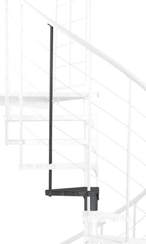 Höhenerweiterung für die Treppe Spino Zink Color aus anthrazit Metall. Gezeigt wird ein Detail der Zusatzstufe, der Geländerstäbe und des Handlaufs.