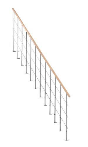 Zweites Geländer für die Mittelholmtreppe Style mit Handlauf aus Buche und grauen Metallstäben mit horizontalen Elementen.