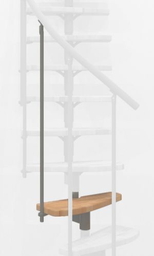 Höhenerweiterung für die Treppe Monte Carlo mit Buche-Stufen und grauem Metall. Gezeigt wird ein Detail der Zusatzstufe, der Geländerstäbe und des Handlaufs.