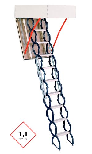 Maßgefertigte Dachbodentreppe Type 4M mit Scherentreppen-System aus Metall und gedämmter Deckelklappe. Die Treppe ist mit roten seitlichen Hebelarmen ausgestattet und bietet eine Wärmedämmung von 1,1 W/m²K.