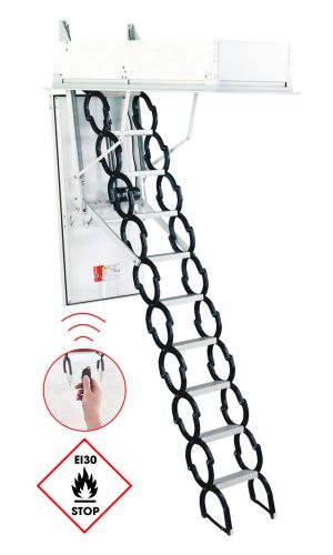 Elektrische Dachbodentreppe Type 18 Univers mit Scherentreppen-System aus Metall, weißem Deckel und umlaufender Isolierung. Integrierte Fernbedienung und Brandschutzkennzeichnung EI30 sichtbar.
