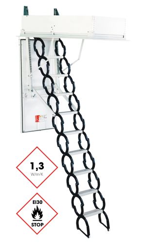 Dachbodentreppe Type 18 Prestige mit Scherentreppen-System aus Metall, weißem Deckel, umlaufender Wärmedämmung (1,3 W/m²K) und EI30-Brandschutzkennzeichnung.