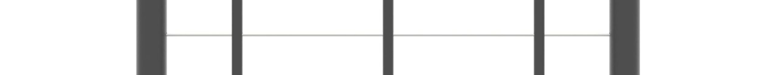 Brüstungsgeländer zur Außentreppe Spino Zink Color in Anthrazit aus Metall. Das gerade Geländer besteht aus zwei runden Außenpfosten, drei vertikalen Füllstäben, fünf horizontalen Edelstahlgurten und einem Handlauf aus PVC.