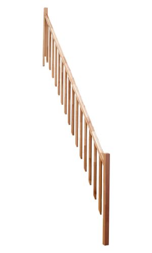 Ein Holzgeländer aus Buche mit vertikalen Sprossen und einem durchgehenden Handlauf. Es dient als Absturzsicherung und bietet Halt an einer Home Classic Treppe.