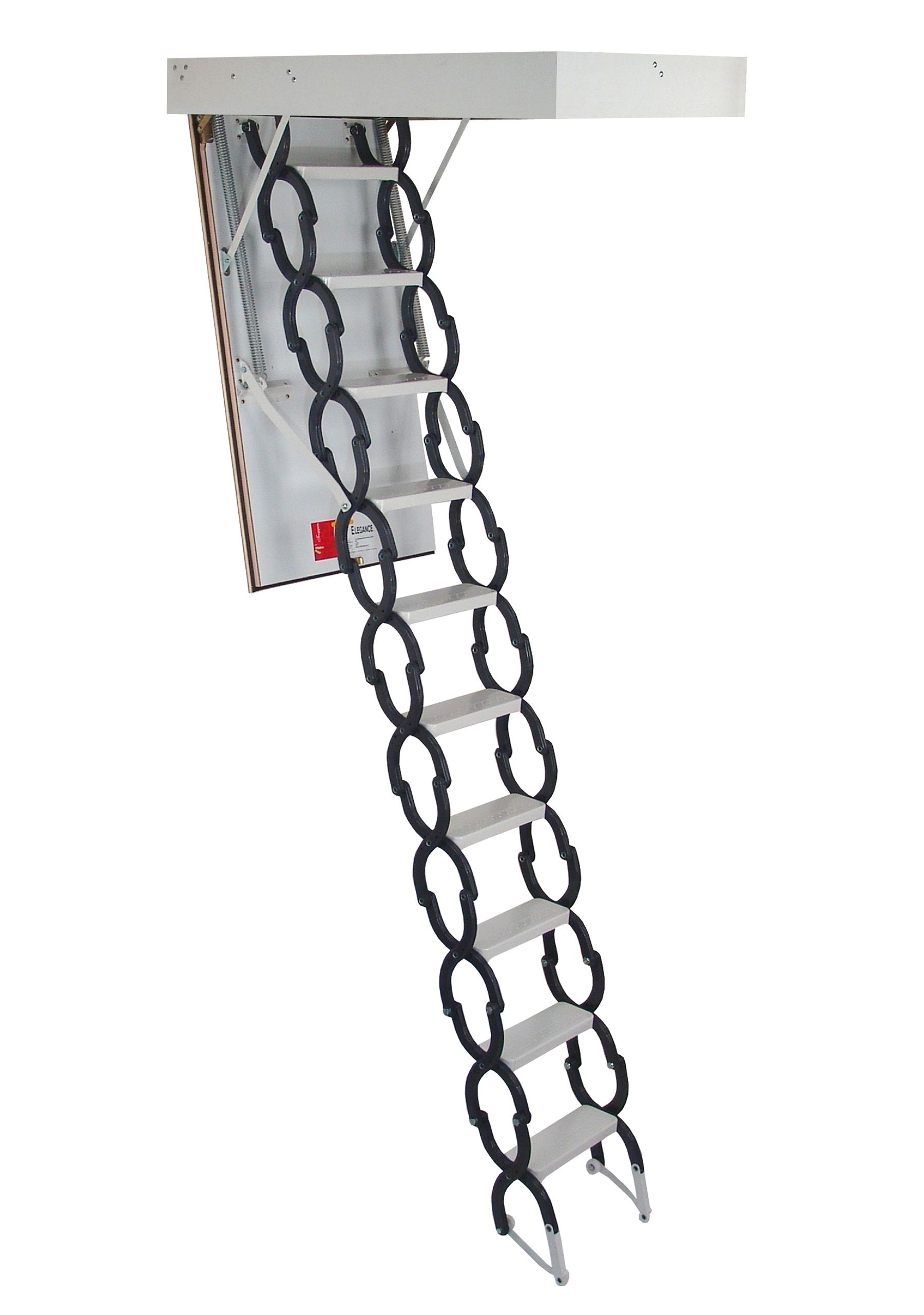 Scherentreppe Elegance mit weißem Deckel und ausziehbarem Scherentreppensystem aus Metall. Die kompakte Dachbodentreppe ist platzsparend konstruiert und verfügt über schwarze Ringe und silberne Trittstufen.