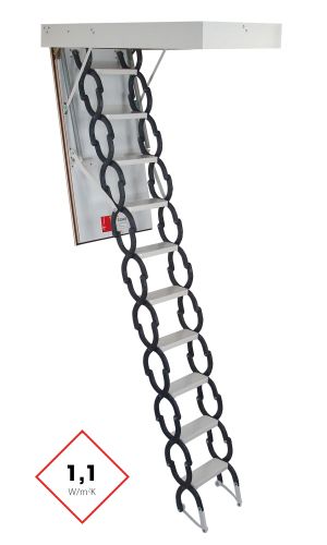 Dachbodentreppe Elegance mit ausziehbarem Scherentreppensystem aus Metall und weißem Deckel. Die Treppe erreicht einen Wärmedämmwert von 1,1 W/m²K und kombiniert Funktionalität mit platzsparendem Design.