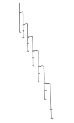 Zweites Geländer für die Raumspartreppe Monaco. Besteht aus grauen Metallpfosten mit gebogenem Abschluss am oberen Ende.