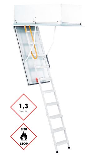 Dachbodentreppe Type 15 Exklusiv mit weißer Aluminiumleiter, wärmegedämmter Deckelklappe (1,3 W/m²K), umlaufendem Oberdeckel und gelbem Sicherheitsgriff. Ausgestattet mit EI30-Brandschutzkennzeichnung.