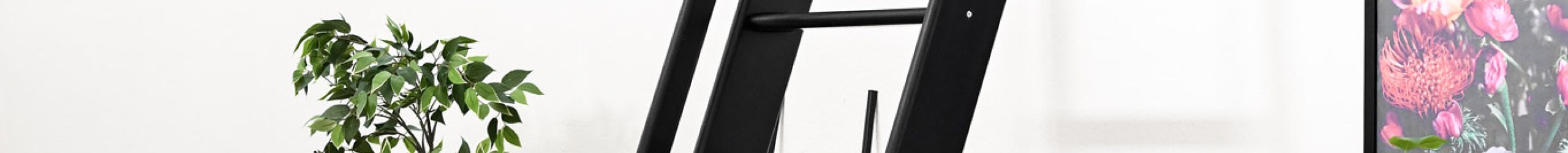 Schwarze Raumspartreppe Flexiblo aus Holz mit geradem, steilem Verlauf und schlanken Trittstufen. Die Treppe ist steil an der Wand aufgestellt.