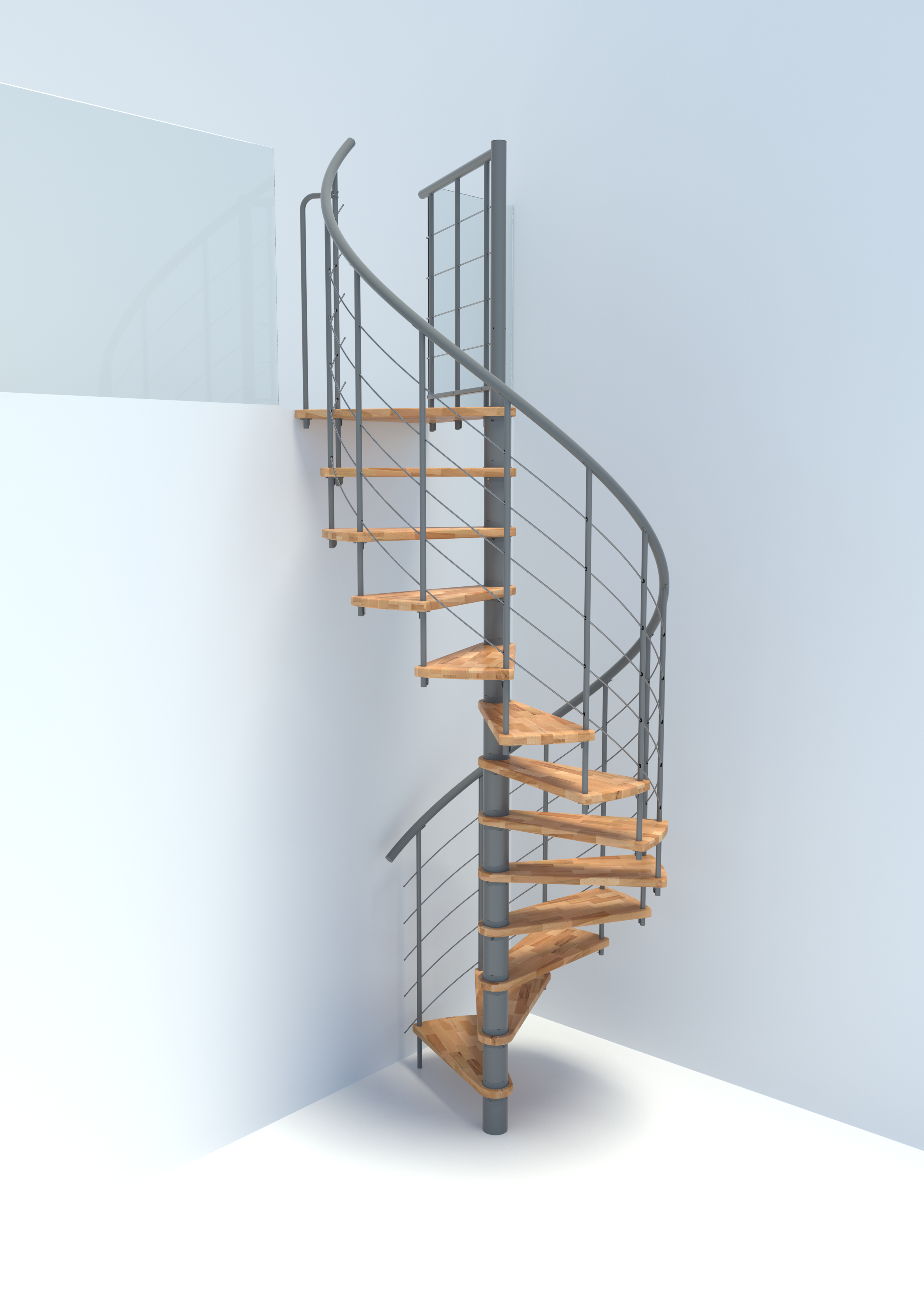 Spindeltreppe Venezia Smart mit Stufen in Buche und grauem Metallgeländer mit fünf horizontalen Edelstahl-Untergurten und PVC-Handlauf.