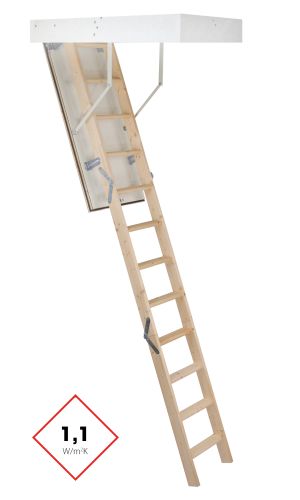 Dachbodentreppe Mc Step Thermo 33 mit gerader, dreiteiliger Holzleiter, wärmegedämmter weißer Deckelklappe und umlaufendem Futterkasten. Wärmedurchgangskoeffizient von 1,1 W/m²K.