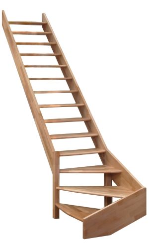 Eine klassische Wangentreppe ohne Geländer aus Buchenholz mit offenen Stufen. Der untere Teil der Treppe hat eine viertelgewendelte Drehung nach links.
