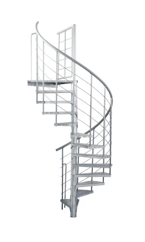 Spindeltreppe Spino Zink Smart aus verzinktem Metall mit rutschfesten Tränenblech-Stufen und Geländer mit vertikalen Stäben, horizontalen Seilzügen und PVC-Handlauf.