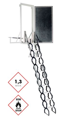 Dachbodentreppe Maßtreppe Type 102M mit schwarzer, isolierter Deckelklappe und Scherentreppen-System aus Metall. Die Treppe besitzt eine Wärmedämmung von 1,3 W/m²K und ist mit der EI30-Brandschutzkennzeichnung versehen. Die senkrechte Konstruktion eignet sich ideal für enge Einbausituationen.