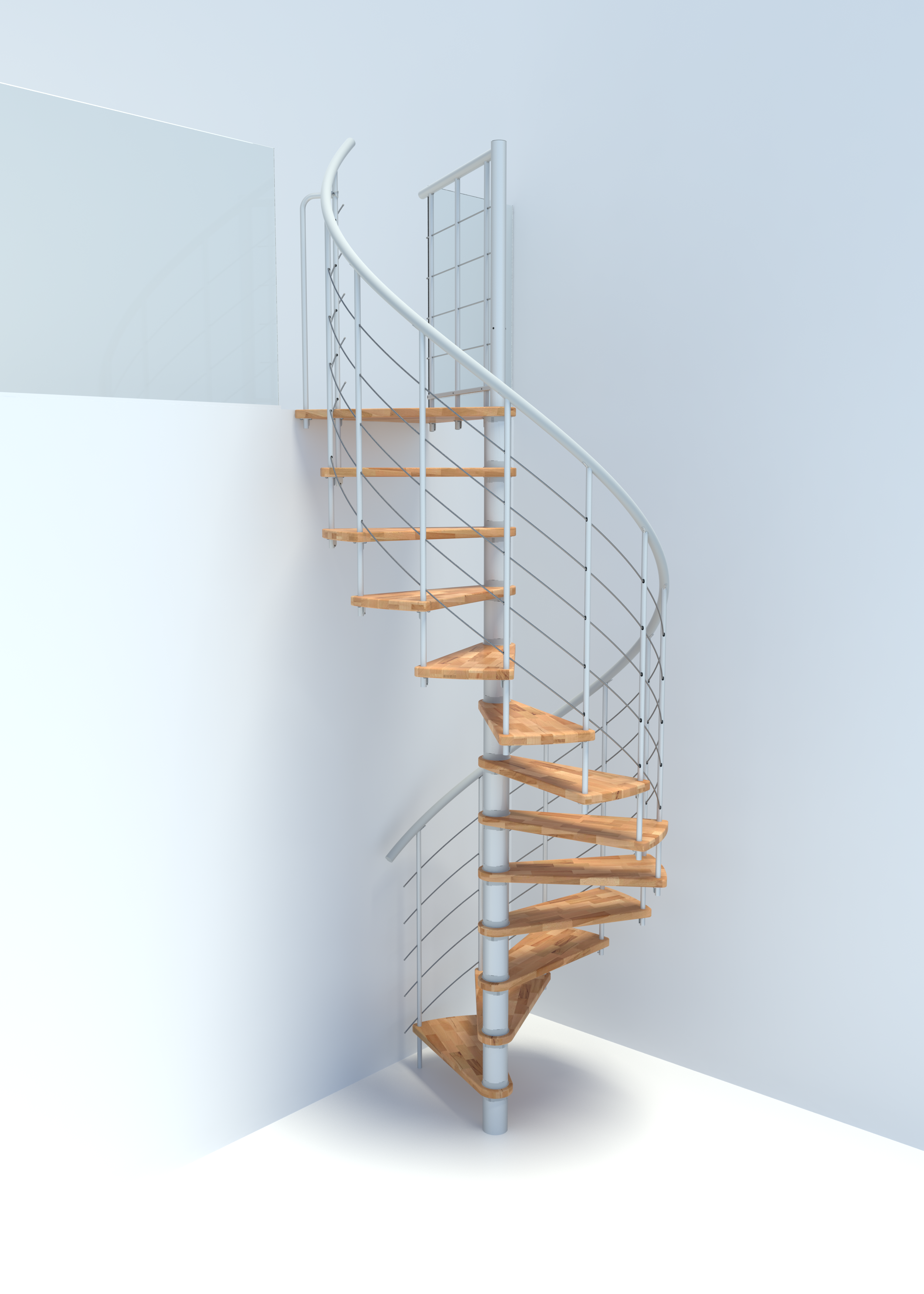 Spindeltreppe Venezia Smart mit Stufen in Buche und weißem Metallgeländer mit fünf horizontalen Edelstahl-Untergurten und PVC-Handlauf.