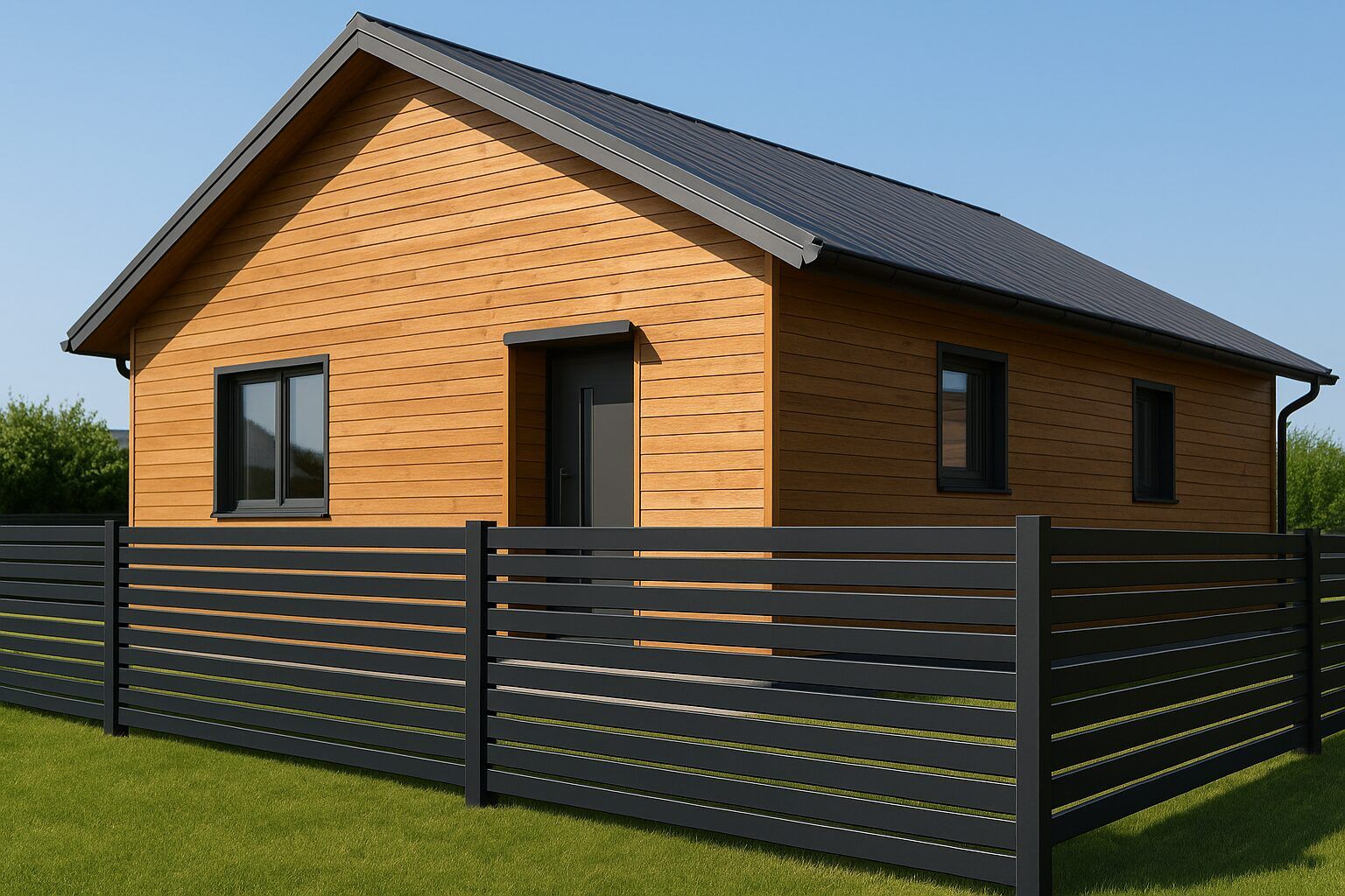 Privathaus in Gars am Kamp mit moderner Fassade aus Black-Dahlia-Holzpaneelen. Die dunkle Holzoberfläche betont das klare Design des Hauses und harmoniert mit der natürlichen Umgebung aus Bäumen und Grünflächen.