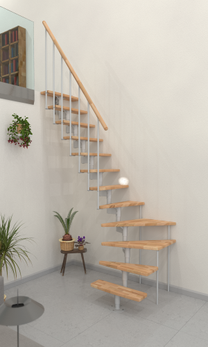 Mittelholmtreppe mit Stufen aus Buche und weißem Metallgeländer. Die Treppe verläuft in einer 90-Grad-Wendung entlang der Wand.