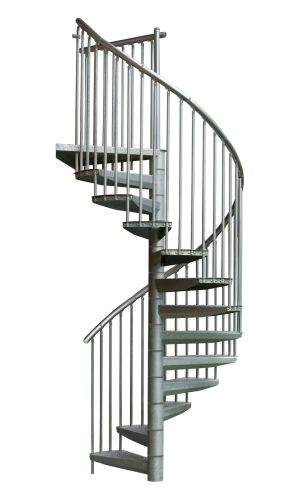 Außentreppe Rondo Zink Plus mit verzinkten Stahlstufen und verzinktem Metallgeländer mit vertikalen Stäben und Aluminium-Handlauf.