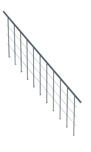 Modernes Geländer für die Comfort Top und Comfort Top Turn Treppe in Grau. Das Geländer besteht aus schlanken Metallpfosten mit horizontalen Edelstahlseilen für eine moderne Optik und sichere Absturzsicherung. Der Handlauf sorgt für zusätzlichen Halt.