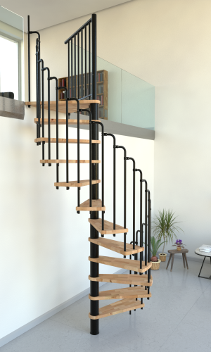 Spindeltreppe Paris mit Stufen in Buche und schwarzem Stahlgeländer mit oben gerundeten Stäben. Die Treppe steht in einem modern eingerichteten Raum.