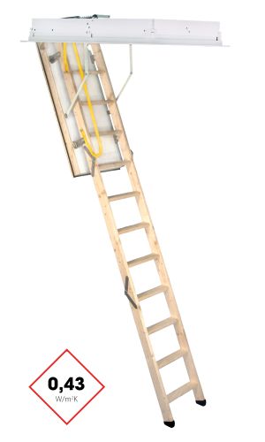 Dachbodentreppe Euro Trend Profi mit isolierter, weißer Deckelklappe, 3-teiliger Holzleiter und umlaufendem Lukenkasten. Die Treppe bietet eine Wärmedämmung von 0,43 W/m²K und verfügt über einen gelben Sicherheitsgriff sowie stabile Metallstreben zur Unterstützung beim Öffnen.