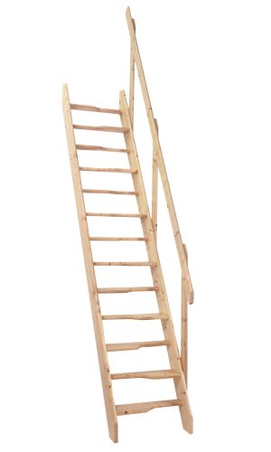Raumspartreppe Softline aus Fichte mit geradem Verlauf, ergonomisch geformten Trittstufen und einseitigem Holzgeländer.