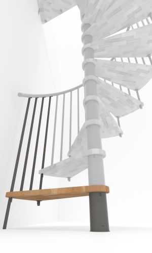 Höhenerweiterung für die Treppe Spiral Smart mit Stufen in Buche, grauem Stahlgeländer und PVC-Handlauf. Gezeigt wird ein Detail der Zusatzstufe und der Geländerstäbe.