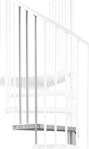 Höhenerweiterung für die Außentreppe Rondo Zink Smart aus verzinktem Stahl. Gezeigt wird ein Detail der Zusatzstufe und der Geländerstäbe.