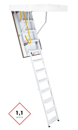 Dachbodentreppe Steel mit geradläufiger Aluminiumleiter, weißem Deckel und umlaufendem Futterkasten. Die Treppe besitzt einen gelben Sicherheitsgriff und erreicht einen Wärmedämmwert von 1,1 W/m²K.
