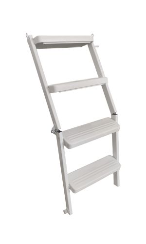 Ein geteilter Mittelteil einer Metalltreppe in Weiß. Die Konstruktion besteht aus zwei versetzten Stufensegmenten mit breiten, rutschhemmenden Trittflächen. Die Treppenelemente sind über stabile Scharniere verbunden und für den Einbau in platzsparenden Klapptreppenlösungen gedacht.