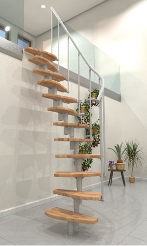 Mittelholmtreppe Monte Carlo mit Buche-Stufen und weißem Metallgeländer mit Untergurten und PVC-Handlauf.