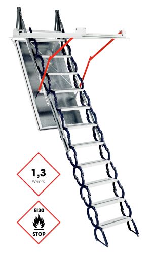 Dachbodentreppe Type 13 X-Large mit Scherentreppen-System aus Metall und besonders großer Deckenöffnung. Ausgestattet mit silberner isolierter Deckelklappe, umlaufender Wärmedämmung (1,3 W/m²K), EI30-Brandschutzkennzeichnung und roten Hebelarmen zur Bedienunterstützung.
