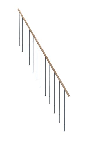 Zweites Geländer für die Mittelholmtreppe Joker mit Handlauf aus Buche und grauen Metallstäben.