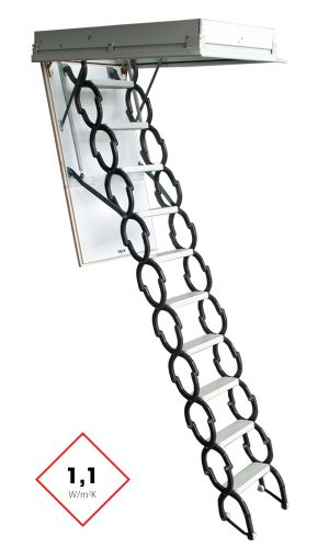 Dachbodentreppe Euro Star mit Scherentreppen-System aus Metall und isolierter Deckelklappe. Die Wärmedämmung beträgt 1,1 W/m²K.