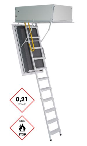 Dachbodentreppe Arctic Fire mit stabiler Aluminiumleiter, isolierter Deckelklappe in Dunkelgrau und umlaufendem Oberdeckel. Die Treppe verfügt über eine Wärmedämmung von 0,21 W/m²K, EI30-Brandschutzkennzeichnung und einen gelben Sicherheitsgriff am Einstieg.