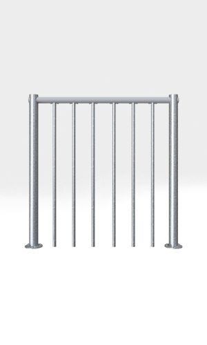 Freigestelltes Brüstungsgeländer für die Außenspindeltreppe Rondo Zink Smart. Der waagerechte Handlauf ist aus grauem PVC, die senkrechten Stäbe bestehen aus verzinktem Stahl und verlaufen zwischen zwei stabilen Metallpfosten.