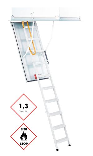 Dachbodentreppe Type 12 Solid mit weißer Aluminiumleiter, isolierter Deckelklappe und umlaufendem Oberdeckel. Die Treppe verfügt über eine Wärmedämmung von 1,3 W/m²K, EI30-Brandschutzkennzeichnung sowie einen gelben Sicherheitsgriff am Einstieg.