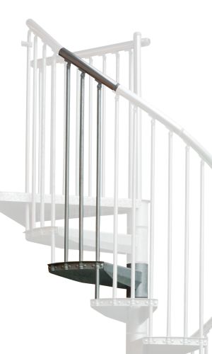 Höhenerweiterung für die Treppe Rondo Zink Plus aus verzinktem Metall. Gezeigt wird ein Detail der Zusatzstufe, der Geländerstäbe und des Aluminium-Handlaufs.