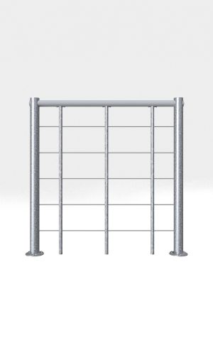 Brüstungsgeländer für die Spindeltreppe Spino Zink Smart. Gefertigt aus verzinktem Metall mit waagerechten Streben und einem grauen PVC-Handlauf.