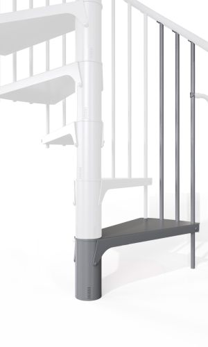 Höhenerweiterung für die Treppe Rondo Smart aus Stahl in Grau. Gezeigt wird ein Detail der Zusatzstufe und der Geländerstäbe.