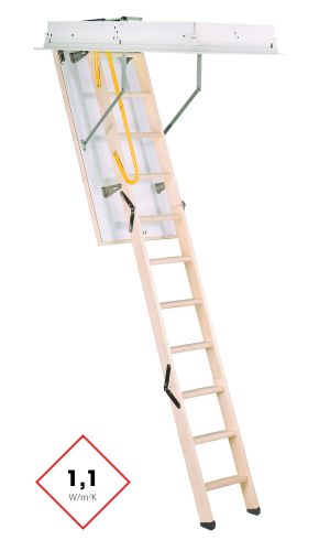 Dachbodentreppe Euro Trend mit 3-teiliger Holzleiter, weißem Deckel und integriertem Wärmedämmkern. Die Treppe hat eine Wärmedämmung von 1,1 W/m²K und ist mit einem gelben Sicherheitsgriff sowie stabilen Metallstreben ausgestattet.