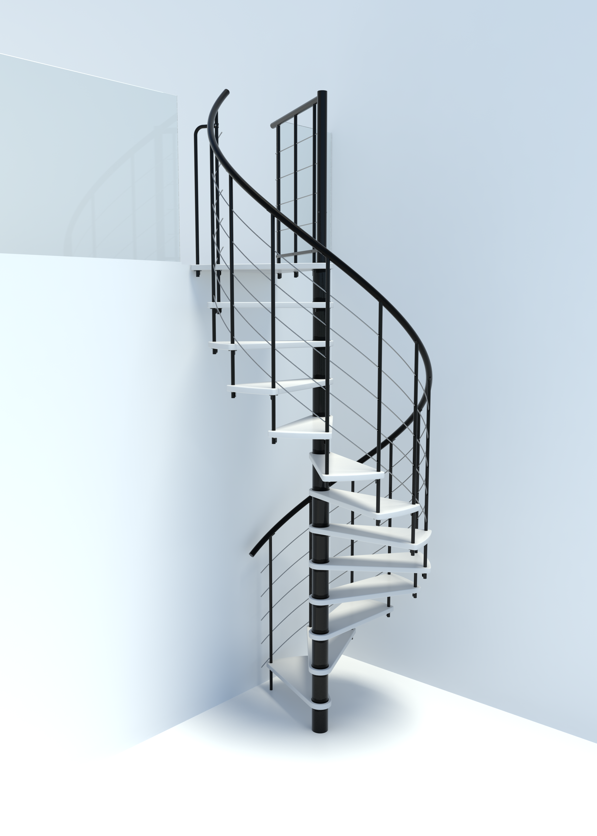 Spindeltreppe Venezia Smart mit Stufen in Buche weiß gebeizt und schwarzem Metallgeländer mit fünf horizontalen Edelstahl-Untergurten und PVC-Handlauf.