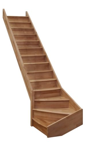 Eine Wangentreppe mit Setzstufen aus Buche ohne Geländer. Der untere Teil der Treppe hat eine viertelgewendelte Drehung nach links.