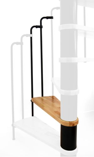 Höhenerweiterung für die Treppe Paris mit Stufen in Buche und schwarzem Stahlgeländer. Gezeigt wird ein Detail der Zusatzstufe und der Geländerstäbe.